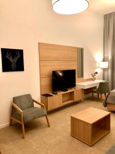 a living room with a flat screen tv and a chair at Hrebienok D407 in Vysoke Tatry - Stary Smokovec