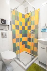 a bathroom with a shower and a toilet at Nyaraló Apartman in Siófok +11 photos