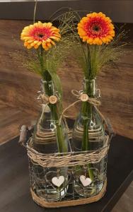 zwei Vasen voller Blumen in einem Korb in der Unterkunft Pension Susanne in Bruttig-Fankel