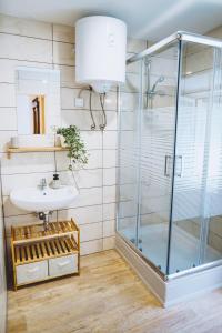 a bathroom with a glass shower and a sink at Gorska Roža in Log pod Mangartom