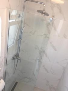 uma casa de banho com um chuveiro e uma porta de vidro em Apartment penthouse Orange em Marina