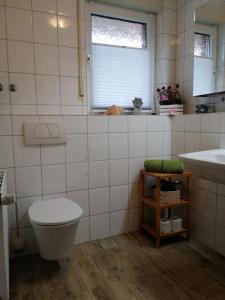 a bathroom with a toilet and a sink at Am Waldrand in Schüttorf