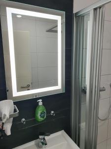 a bathroom with a sink and a mirror and a shower at "Anderer´s" Gasthaus & Hotel Hohne in Hohne