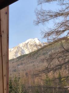 a snow covered mountain in front of a window at Hrebienok C217 in Starý Smokovec