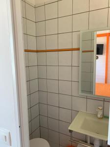 a bathroom with a toilet and a sink and a mirror at Bungalow les Cerisiers in Bouillante