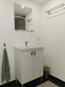 Un baño blanco con lavabo y espejo. en Casa Mendes Lopes, en Celorico de Basto