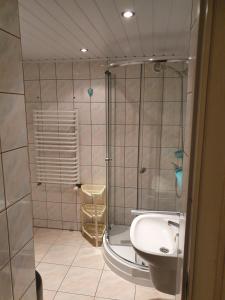une salle de bain avec une douche, des toilettes et un lavabo dans l'établissement Willa SOL, à Mielno