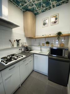 a kitchen with a stove and a microwave at La Maison Sévigné - Appart Hôtel - N°1 in Béthune