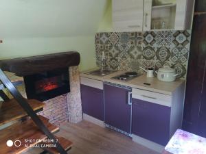 a small kitchen with a stove and a fireplace at Krka Fairytale Little Castle in Skradin