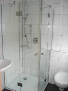 ein Bad mit einer Dusche, einem WC und einem Waschbecken in der Unterkunft Gasthaus zur Traube in Winterrieden