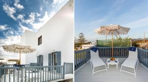 patio con sombrilla y sillas en el balcón en Flag Suites, en Pollonia