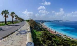 widok na plażę z palmami i ocean w obiekcie Apartment Marla w mieście Rodos