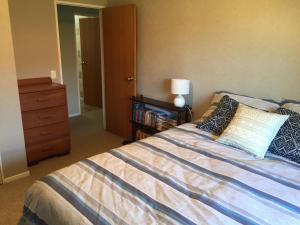 a bedroom with a bed and a dresser with a lamp at Chris's Cabin in Greytown +16 photos