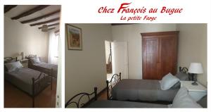 two photos of a bedroom with two beds in it at Chez François au bugue la petite farge in Le Bugue