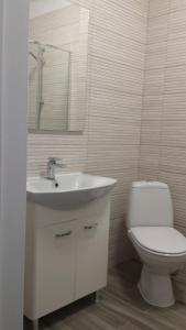 La salle de bains est pourvue d'un lavabo blanc et de toilettes. dans l'établissement STUDIO LOTUS, à Mamaia