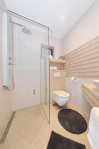a bathroom with a shower and a toilet and a sink at Villa Dalmatino in Pakoštane