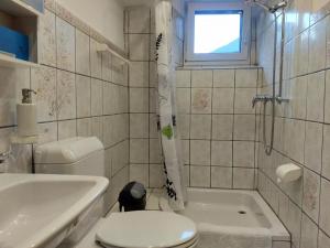 a bathroom with a toilet and a tub and a sink at Appartement "Casa Luigi" in Intragna