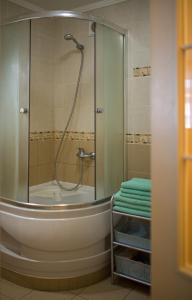 La salle de bains est pourvue d'une baignoire, d'une douche et de serviettes. dans l'établissement Apartments near Gogol theater, à Poltava