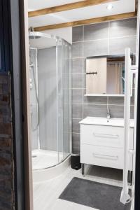 La salle de bains est pourvue d'un lavabo blanc et d'une douche. dans l'établissement Echo des montagnes, à Chalmazel Jeansagniere