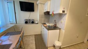 een kleine keuken met een wastafel en een aanrecht bij Patras Port apartment in Patra