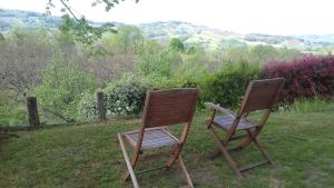 two wooden chairs sitting in the grass at Gite de Fontepaisse in Saint-Jean-en-Royans