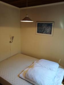 1 cama en un dormitorio con una foto en la pared en Chalet village vacances en Waulsort