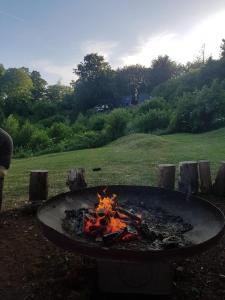 un foyer extérieur au milieu d'un champ dans l'établissement TERRASSES DE MALMEDY - Duplex "HAPPINESS" - Pellet & Airco-, à Malmedy