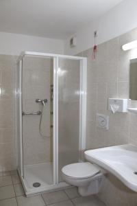 a bathroom with a shower and a toilet and a sink at Lenas Donau Hotel in Vienna