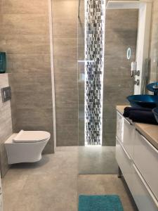 a bathroom with a toilet and a glass shower at GARDENIA BLUE APART Dziwnów z widokiem na morze in Dziwnów