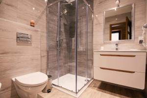 Un baño con ducha, inodoro y lavabo. en Apartamenty u Semlów, en Szaflary 69 fotos más