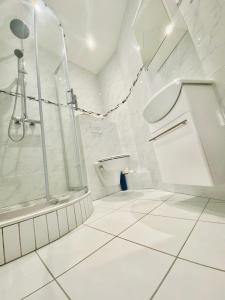 uma casa de banho branca com um chuveiro e um WC. em Reims Sherpa Guest House em Reims