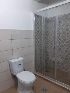 La salle de bains est pourvue de toilettes et d'une douche en verre. dans l'établissement Vila Oska, à Vinica