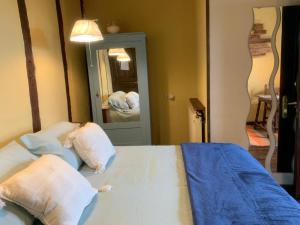 ein Schlafzimmer mit einem Bett mit zwei Kissen und einem Spiegel in der Unterkunft Posada de Ziga in Ziga