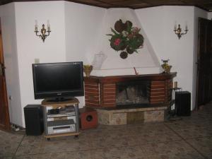 a living room with a tv and a fireplace at Family Hotel Kalina in Koprivshtitsa