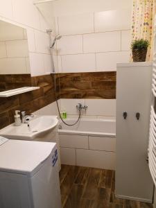 a bathroom with a sink and a bath tub at Green Garden Plus Apartman in Budapest