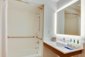 a bathroom with a sink and a shower and a mirror at Holiday Inn Express & Suites Orlando International Airport, an IHG Hotel in Orlando