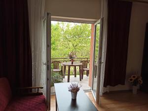 Pokój z drzwiami wychodzącymi na patio ze stołem w obiekcie Apartament-studio, pokoje u Lucy w Rabce