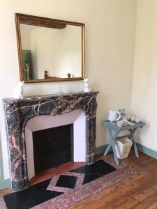 a fireplace with a mirror on top of it at Chambres d'Hôtes Belle Vallee in Domfront