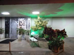 a lobby with a green ceiling and plants at Germanias Blumen Hotel in Passo Fundo