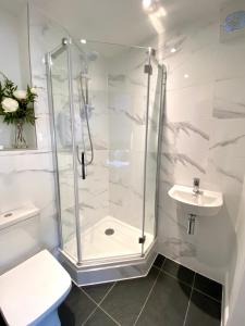 a bathroom with a shower and a toilet and a sink at High Street Stylish City Centre Apartment, 2 Bed in Perth