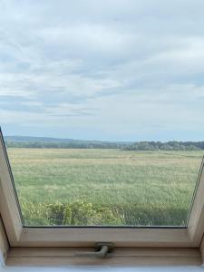 okno z widokiem na pole trawy w obiekcie Kis Szieszta panzió w mieście Balatonboglár