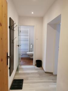 a hallway with a bathroom with a toilet and a sink at Bed & Breakfast Goldener Stiefel in Mariazell