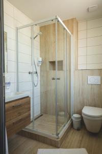a glass shower in a bathroom with a toilet at Apartmány Pemag Mikulov in Mikulov