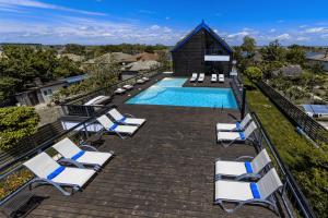 una vista aérea de una piscina con tumbonas y una casa en Delta Boutique & Carmen Silva Resort, en Crisan