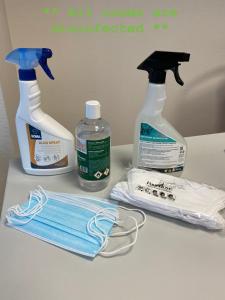 a counter with two bottles of cleaning products and a mask at The red house in Luxembourg