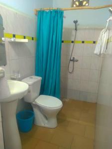 a bathroom with a toilet and a blue shower curtain at Can Teranga in Kafountine