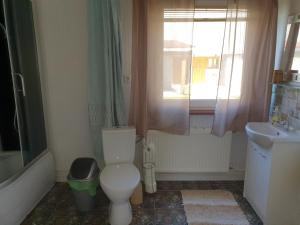 a bathroom with a toilet and a sink and a window at Kāpas in Jūrkalne +26 photos