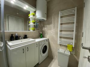 a bathroom with a washing machine and a sink at Apartman "Noa" in Sremska Mitrovica +28 photos