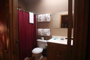 a bathroom with a toilet and a sink and a red shower curtain at Sleepy Hollow Cabins & Hotel in Crestline