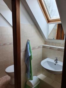 a bathroom with a sink and a toilet and a window at Penzión u Čupku in Mlynky 